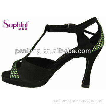 Black satin leather sole latin dancing shoe with green stones 736